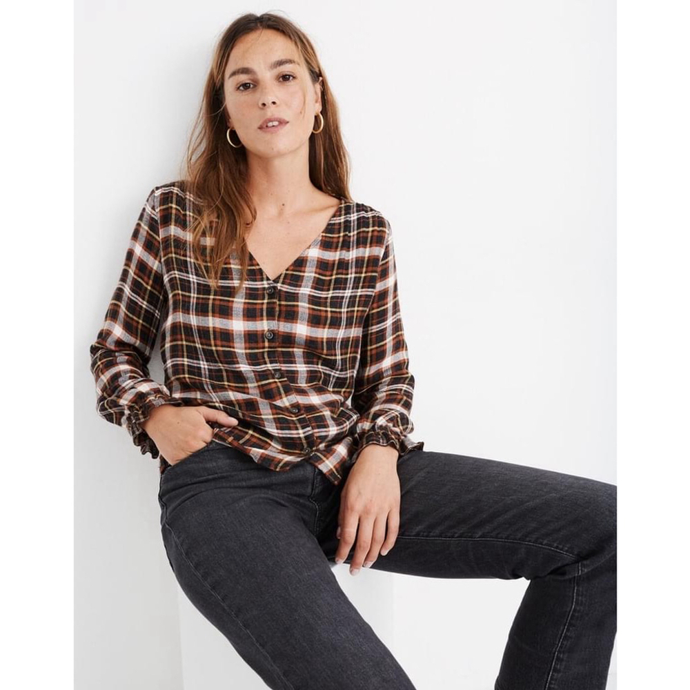 Madewell Ruffle Cuff Plaid Button Blouse Brown Rust Black Size M - Picture 3 of 9